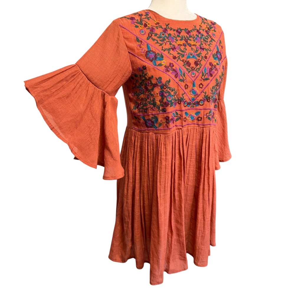 Womens S Babydoll Mini Dress Boho Floral Embroidered Bell Sleeve Cottagecore‎